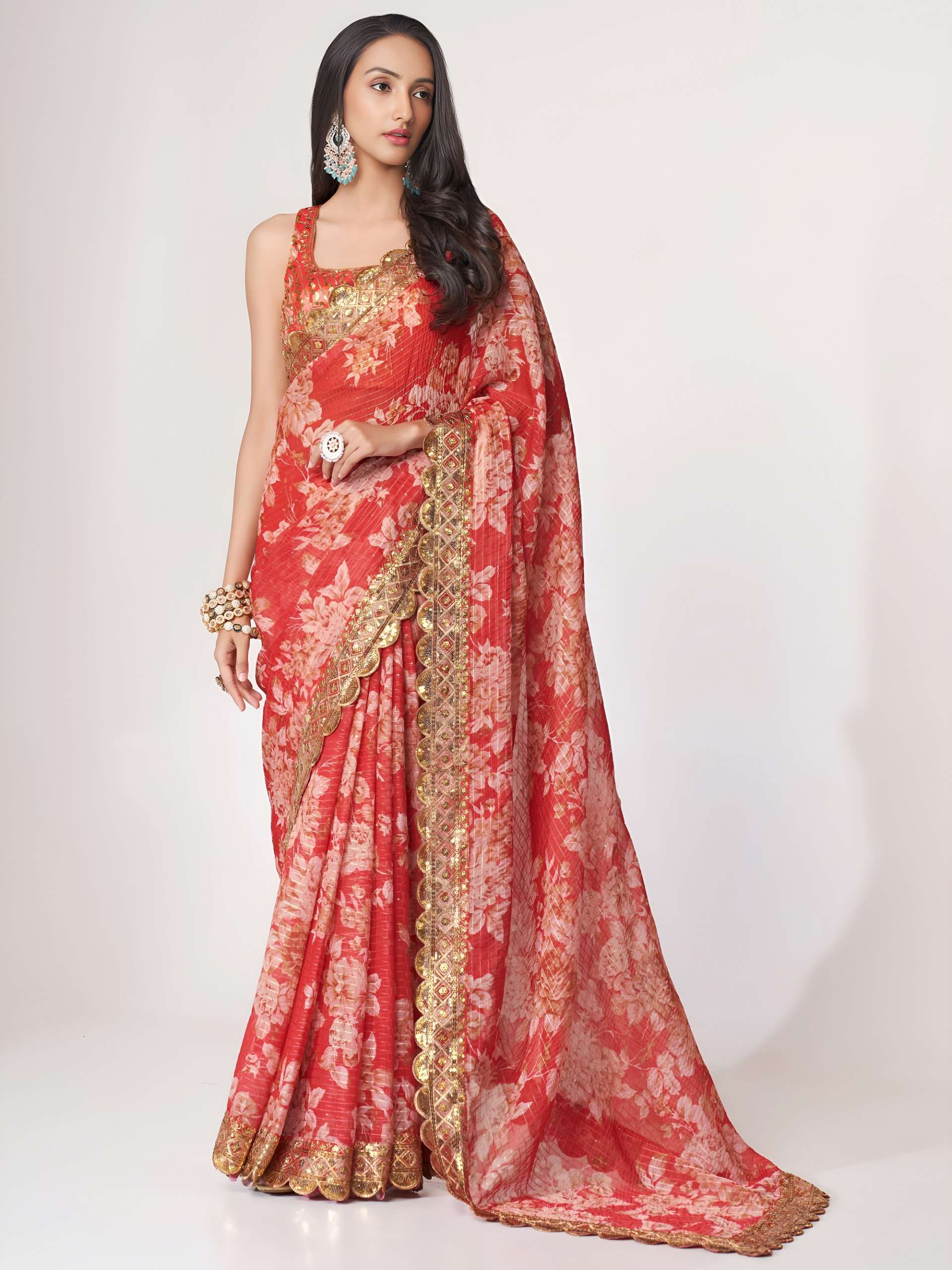 Coral crimson Red colou pretty Floral design on Royal Organza fabric Saree Wholesale in surat 1107 Red 